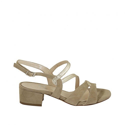 Sandalo da donna in pelle laminata platino e camoscio beige tacco 4 - Misure disponibili: 33
