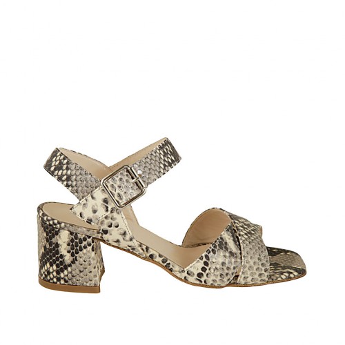 Sandalo da donna con cinturino in pelle stampata nera e beige tacco 5 - Misure disponibili: 32, 33, 34, 42, 43