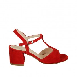 Woman's strap sandal in red suede heel 5 - Available sizes:  43, 44, 45