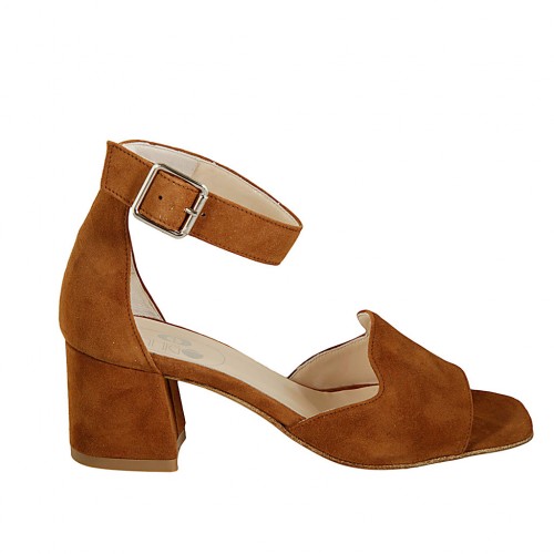 Scarpa aperta da donna con cinturino in camoscio color cuoio tacco 6 - Misure disponibili: 33, 34, 42, 43, 44, 45