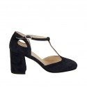 Zapato abierto para mujer con cinturon en gamuza azul tacon 7