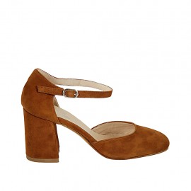 Woman's open shoe with strap in tan brown suede heel 7 - Available sizes:  33, 42, 43, 45