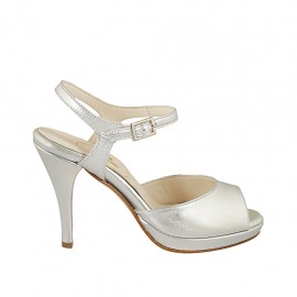 Woman's strap sandal with platform in silver laminated leather heel 9 - Available sizes:  33, 34, 42, 43, 44, 46, 47