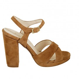 Woman's strap sandal with platform in tan brown suede heel 10 - Available sizes:  32, 33, 34, 42