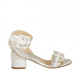 Woman's sandal in white, silver and platinum laminated leather with buckles heel 5 - Available sizes:  32, 33, 34, 42, 43, 44, 46