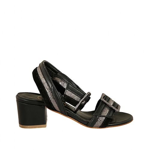 Woman's sandal in black suede and leather and lead grey laminated leather with buckles heel 5 - Available sizes:  32, 33, 42, 43, 44, 45, 46
