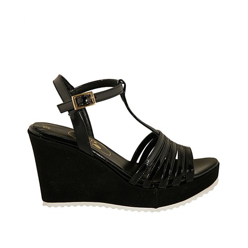 Woman's T-strap sandal in black patent leather and fabric with platform and wedge heel 9 - Available sizes:  31, 33, 34