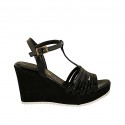 Woman's T-strap sandal in black patent leather and fabric with platform and wedge heel 9