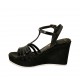 Woman's T-strap sandal in black patent leather and fabric with platform and wedge heel 9 - Available sizes:  31, 33, 34