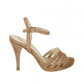 Woman's sandal with platform and strap in sandbeige suede heel 9 - Available sizes:  32, 33, 34, 42, 43, 44, 45, 46