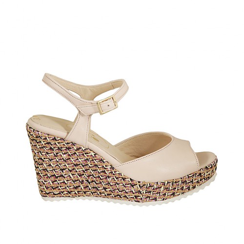 Sandalo da donna in pelle nude e tessuto intrecciato con cinturino, plateau e zeppa 9 - Misure disponibili: 32, 33, 34