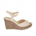 Woman's sandal in nude leather and braided fabric with strap, platform and wedge heel 9