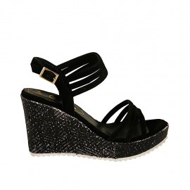 Sandalo da donna in camoscio e tessuto nero con plateau e zeppa 9 - Misure disponibili: 32, 34