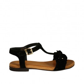 Sandalia con cinturon y flores para mujer en gamuza negra tacon 1 - Tallas disponibles:  33, 34, 42, 43