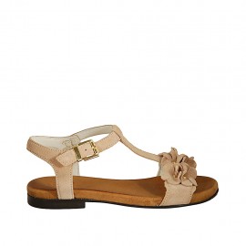 Sandalo da donna con cinturino e fiori in camoscio beige tacco 1 - Misure disponibili: 42, 43, 44
