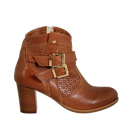 Stivaletto da donna con cerniera e fibbie in pelle e pelle forata color cuoio tacco 6 - Misure disponibili: 32, 33, 34, 42, 43, 44, 45, 46