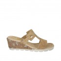 Woman's open mules with rhinestones in beige suede and printed leather wedge heel 5