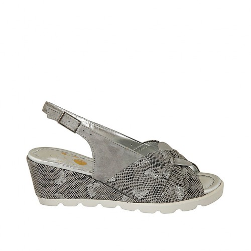Sandalo da donna in camoscio grigio e pelle stampata laminata grigia e argento zeppa 5 - Misure disponibili: 31, 33, 34, 42, 44, 45