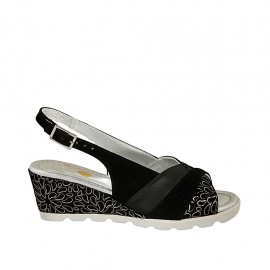 Sandalia para mujer en piel, gamuza y gamuza estampada negra cuña 5 - Tallas disponibles:  31, 32, 33, 34, 44, 45
