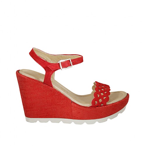 Woman's sandal with strap and platform in red suede wedge heel 9 - Available sizes:  31, 32, 33, 34, 42, 43, 44