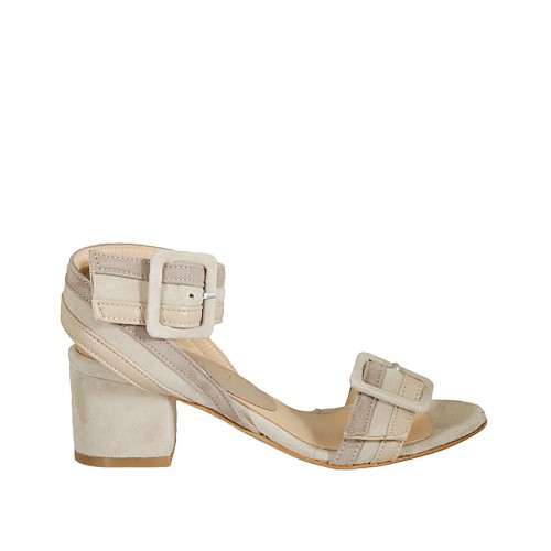 Sandalo da donna con fibbie in pelle cipria, camoscio beige e grigio tacco 5 - Misure disponibili: 31, 32, 33, 34, 43, 44, 45