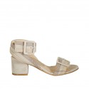 Woman's sandal in beige and taupe suede and nude leather with buckles heel 5