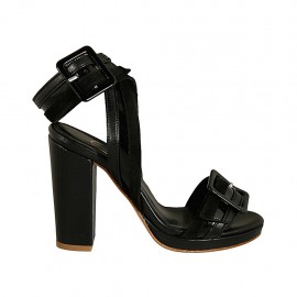 Sandalo da donna con fibbie e plateau in pelle, camoscio e vernice nera tacco 10 - Misure disponibili: 32, 33, 34, 42, 43, 44, 45, 46