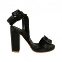Woman's platform sandal in black suede, leather and patent leather with buckles heel 10