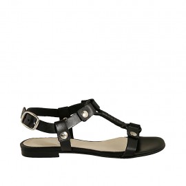 Sandalia para mujer con tachuelas en piel negra tacon 1 - Tallas disponibles:  34, 44