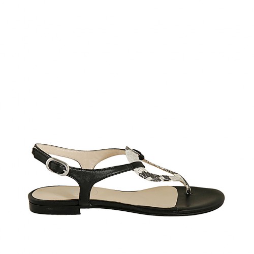 Sandalo infradito da donna in pelle nera e pelle stampata tacco 1 - Misure disponibili: 33, 43, 45
