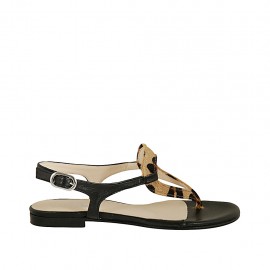 Sandalo infradito da donna in pelle nera e maculato tacco 1 - Misure disponibili: 33, 34, 42, 43, 44, 45