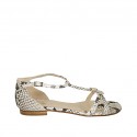 Woman's open shoe with adjustable buckles in black and white printed leather heel 1