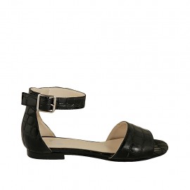 Zapato abierto para mujer con cinturon al tobillo en piel estampada negra tacon 1 - Tallas disponibles:  33, 42, 43, 44