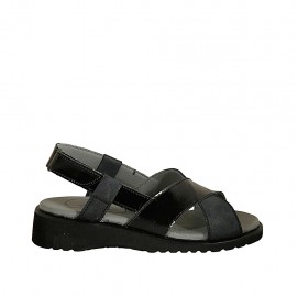 Woman's sandal with velcro straps in black suede and patent leather wedge heel 3 - Available sizes:  33, 34, 43, 44
