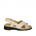 Woman's sandal with velcro straps in beige suede and printed suede wedge heel 3