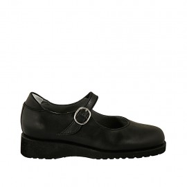 Damenschuh mit Riem und herausnehmbarer Innensohle aus schwarzem Leder Keilabsatz 3 - Verfügbare Größen:  33, 34, 43, 44, 45