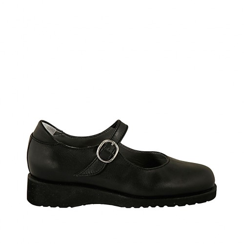 Damenschuh mit Riem und herausnehmbarer Innensohle aus schwarzem Leder Keilabsatz 3 - Verfügbare Größen:  33, 34, 43, 44, 45
