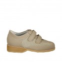 Woman's shoe with velcro straps in beige pierced suede and taupe leather wedge heel 3