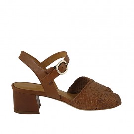 Woman's strap sandal in tan leather and braided leather heel 4 - Available sizes:  32, 33, 34, 42, 45, 46