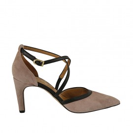 Zapato abierto con cinturon y elastico para mujer en gamuza rosa y piel negra tacon 8 - Tallas disponibles:  33, 34, 42, 43, 44, 45, 46