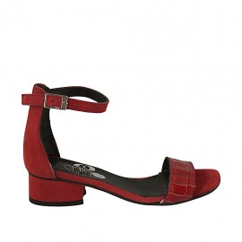 Zapato abierto para mujer con cinturon al tobillo en piel estampada y gamuza roja tacon 3 - Tallas disponibles:  34, 43, 44