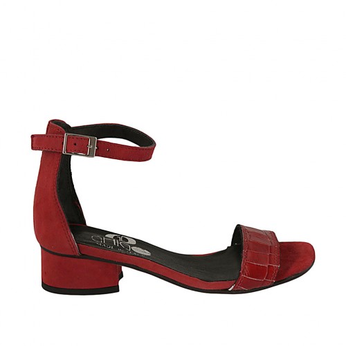 Zapato abierto para mujer con cinturon al tobillo en piel estampada y gamuza roja tacon 3 - Tallas disponibles:  34, 43, 44