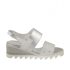 Woman's sandal with elastic bands in silver printed white suede wedge heel 5 - Available sizes:  32, 34, 42, 43, 45