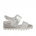 Woman's sandal with elastic bands in silver printed white suede wedge heel 5