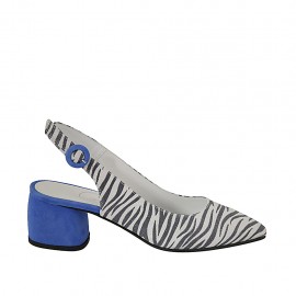 Slingback für Damen aus kornblumenblauem und schwarzweißgestreiftem glitzerndem Wildleder Absatz 5 - Verfügbare Größen:  32, 33, 34, 42, 43