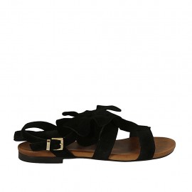 Sandalia con cinturon y flor para mujer en gamuza negra tacon 1 - Tallas disponibles:  43
