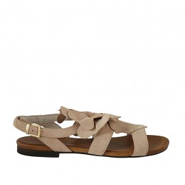 Sandalo da donna con cinturino e fiore in camoscio beige tacco 1 - Misure disponibili: 42, 43, 44, 45, 46