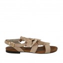 Woman's strap sandal with flower in beige suede heel 1