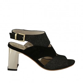 Woman's sandal in black suede and glittered printed suede heel 7 - Available sizes:  32, 33, 34, 42, 43, 46