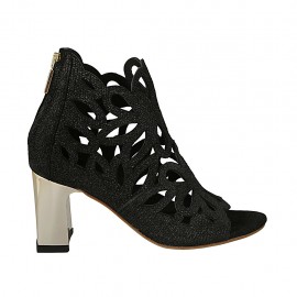 Zapato abierto para mujer con cremallera en gamuza perforada imprimida brillante negra tacon 7 - Tallas disponibles:  33, 34, 43, 46